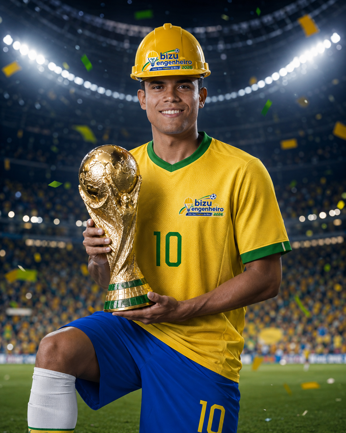 Matheus Renovato segurando a taça da Copa do Mundo com capacete amarelo do Bizu